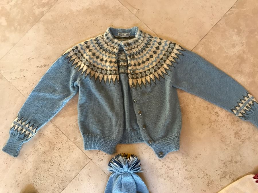 Set Of 3 Handmade Kids Ski Winter Sweaters And Caps From Norway One Label Reads William Schmidt Co Oslo Norway [Photo 6]