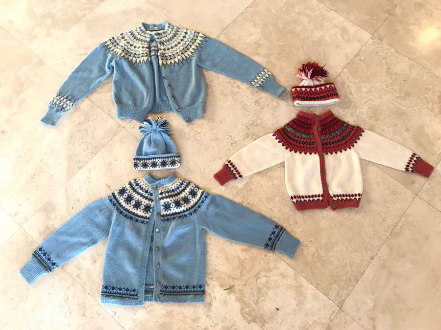 Set Of 3 Handmade Kids Ski Winter Sweaters And Caps From Norway One Label Reads William Schmidt Co Oslo Norway [Photo 1]