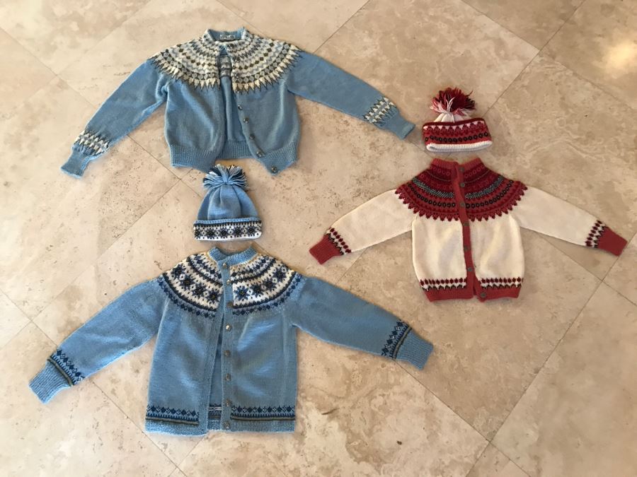 Set Of 3 Handmade Kids Ski Winter Sweaters And Caps From Norway One Label Reads William Schmidt Co Oslo Norway [Photo 2]
