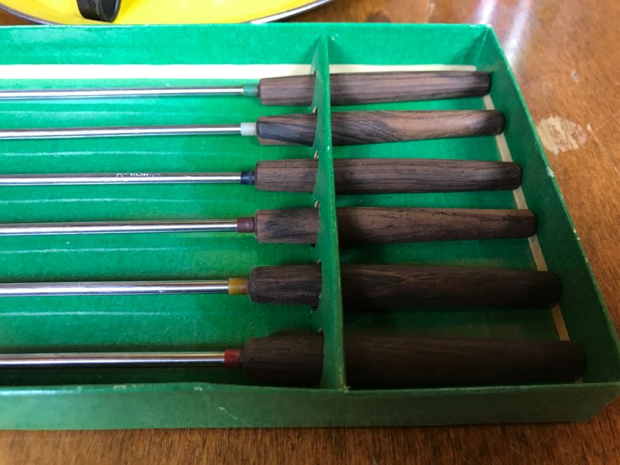 Mid Century Fondue Set Cathrineholm Ltd With Fondue Forks With Teak Handles From Germany [Photo 3]