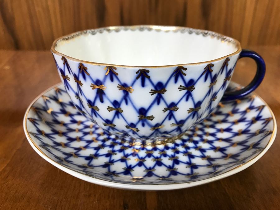Vintage Hand Painted Russian Cup And Saucer Blue And White With Gold Accents
