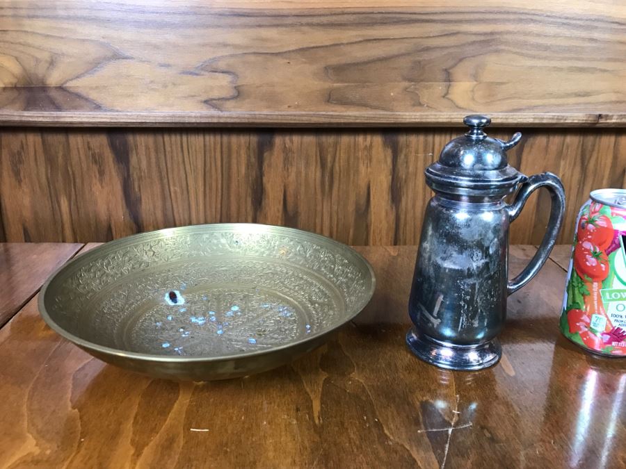 Chased Brass Bowl From India And Reed & Barton Silverplate Hotel Silver Teapot From Merchants Hotel