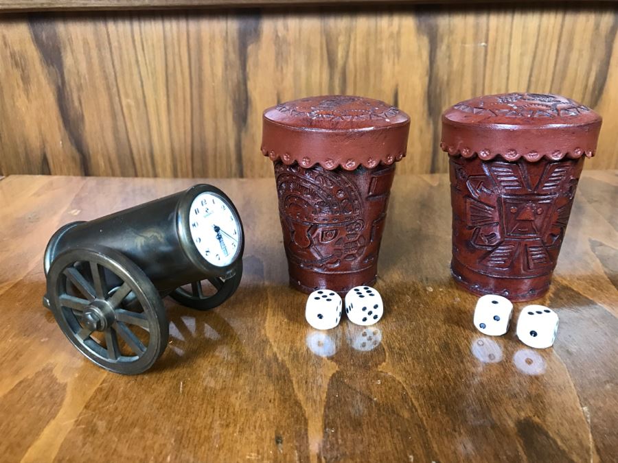 Pair Of Leather PERU Dice Cups And Sindaco Brass Cannon Swiss Made Clock [Photo 2]
