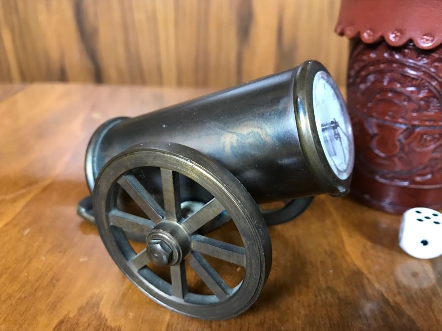 Pair Of Leather PERU Dice Cups And Sindaco Brass Cannon Swiss Made Clock [Photo 3]