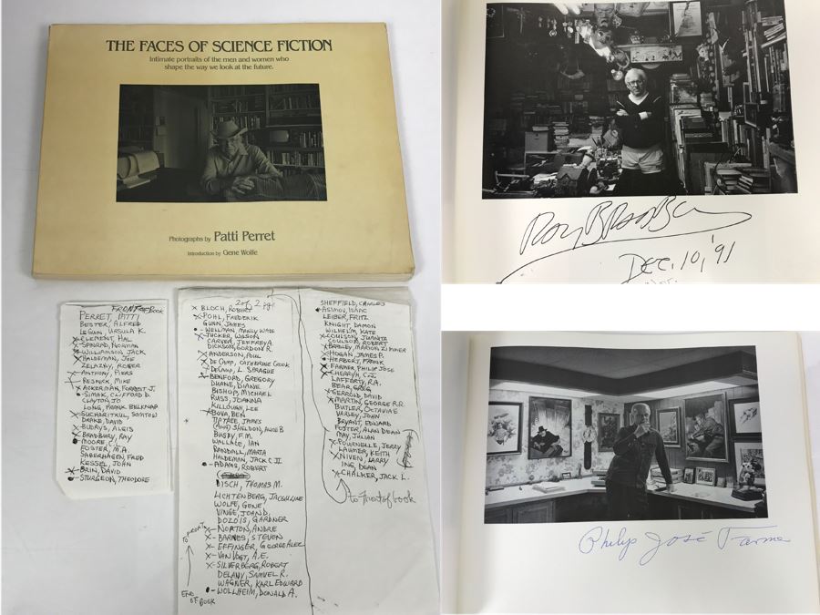 Signed First Bluejay Printing 1984 Book The Faces Of Science Fiction Photographs By Patti Perret (Signed By 34 Science Fiction Writers Including Ray Bradbury, Frederik Pohl, Poul Anderson, L. Sprague De Camp, Andre Norton, A.E. Van Vogt) See Description
