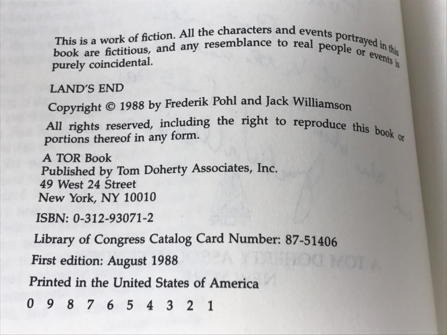 Signed First Edition 1988 Hardcover Book Land's End By Frederik Pohl ...