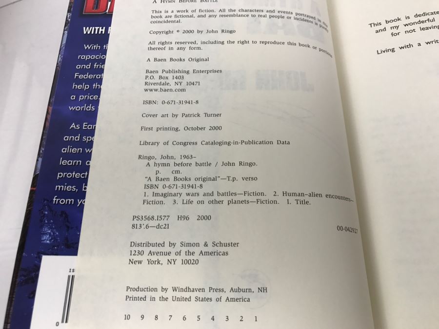 Signed First Printing 2000 Hardcover Book A Hymn Before Battle By John Ringo [Photo 7]