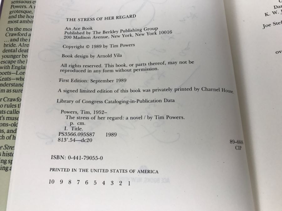 Signed First Edition 1989 Hardcover Book The Stress Of Her Regard By Tim Powers [Photo 9]
