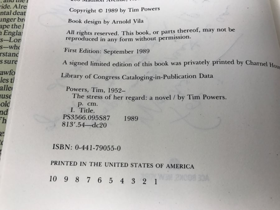 Signed First Edition 1989 Hardcover Book The Stress Of Her Regard By Tim Powers [Photo 10]