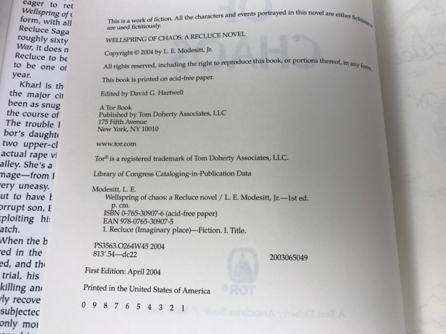 Signed First Edition 2004 Hardcover Book Wellspring Of Chaos: A Recluce Novel By L.E. Modesitt, Jr. [Photo 6]