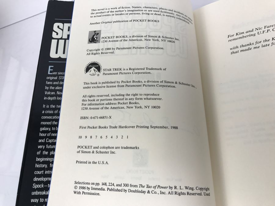 Signed First Trade Printing 1988 Hardcover Book STAR TREK Spock's World A Novel By Diane Duane [Photo 7]