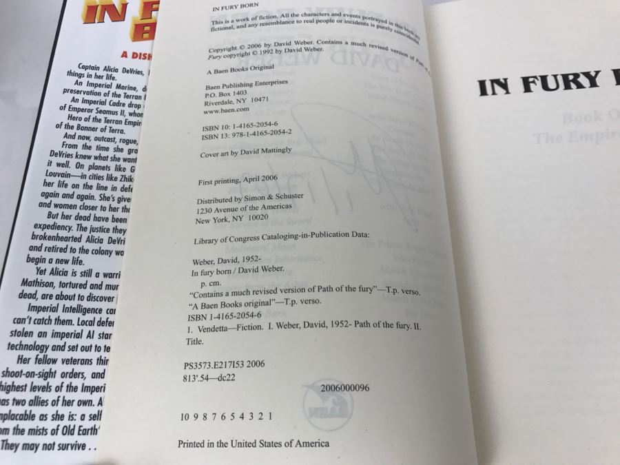 Signed First Printing 2006 Hardcover Book In Fury Born By David Weber [Photo 8]