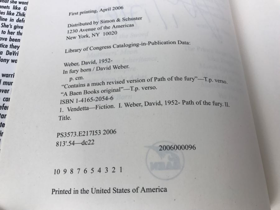 Signed First Printing 2006 Hardcover Book In Fury Born By David Weber [Photo 9]