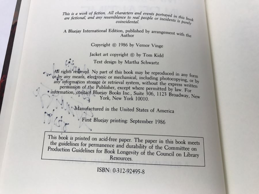 Signed First Bluejay Printing 1986 Marooned In Realtime By Vernor Vinge [Photo 8]