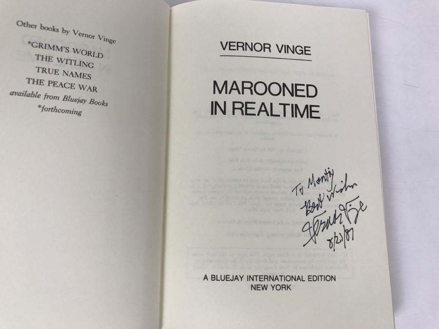 Signed First Bluejay Printing 1986 Marooned In Realtime By Vernor Vinge [Photo 5]