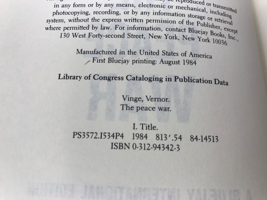 Signed First Bluejay Printing 1984 Hardcover Book The Peace War By Vernor Vinge [Photo 9]
