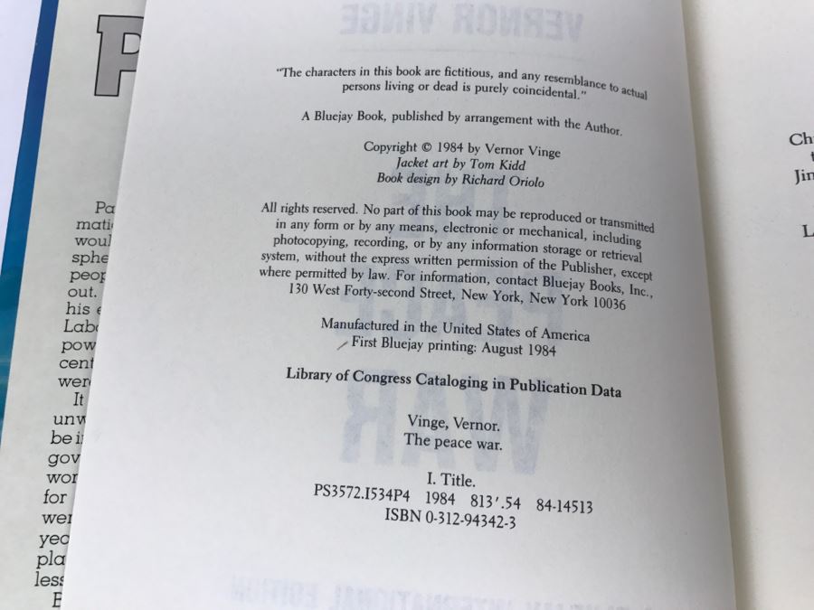 Signed First Bluejay Printing 1984 Hardcover Book The Peace War By Vernor Vinge [Photo 8]