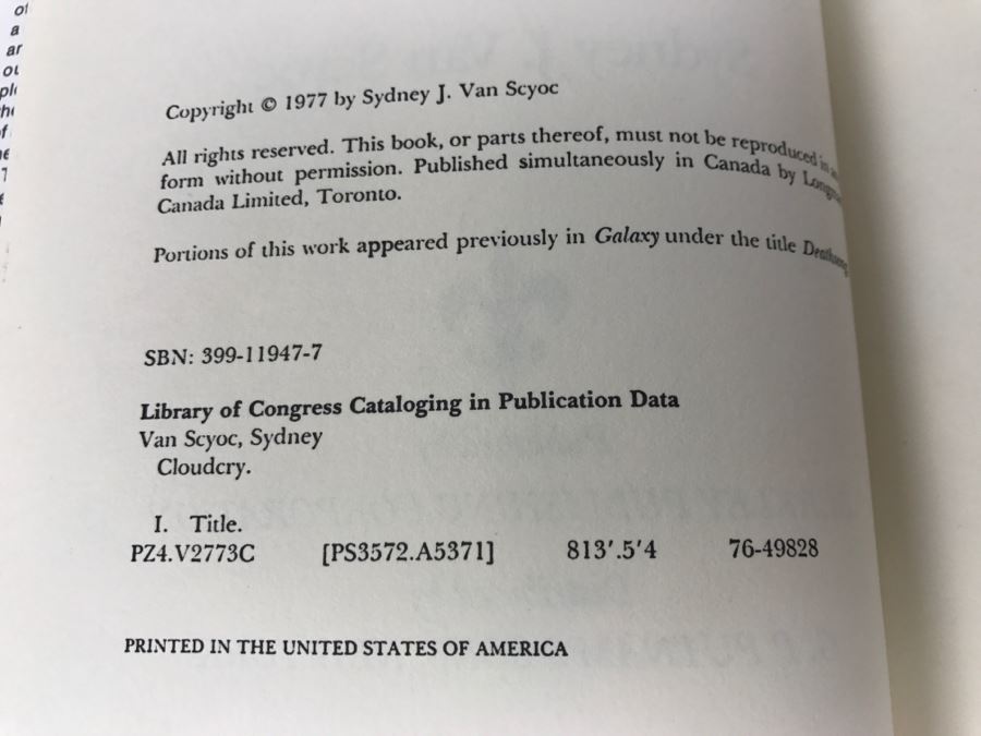 Signed Hardcover Book Cloudcry By Sydney J. Van Scyoc [Photo 9]