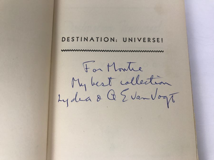 Signed First Edition 1952 Hardcover Book Destination: Universe! By A.E. Van Vogt Signed 'For Montie. My Best Collection. Lydia & A E Van Vogt' [Photo 5]