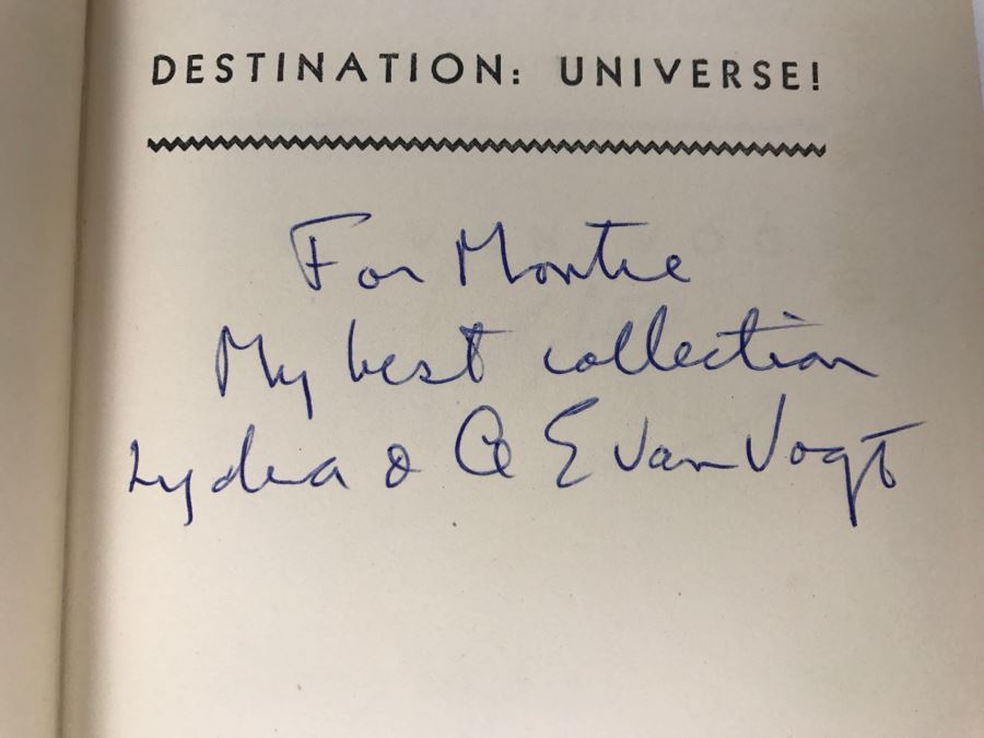 Signed First Edition 1952 Hardcover Book Destination: Universe! By A.E. Van Vogt Signed 'For Montie. My Best Collection. Lydia & A E Van Vogt' [Photo 6]