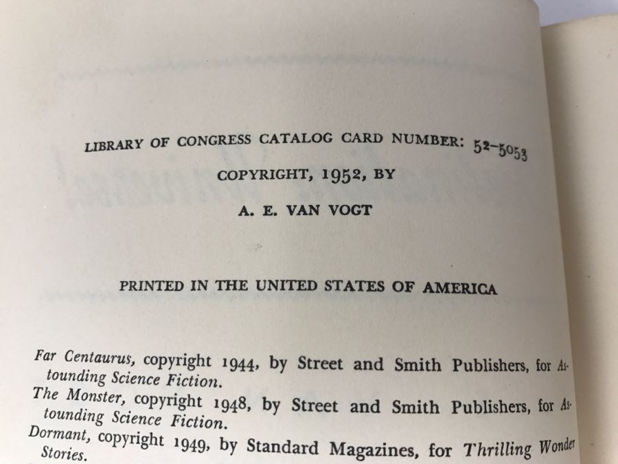 Signed First Edition 1952 Hardcover Book Destination: Universe! By A.E. Van Vogt Signed 'For Montie. My Best Collection. Lydia & A E Van Vogt' [Photo 10]