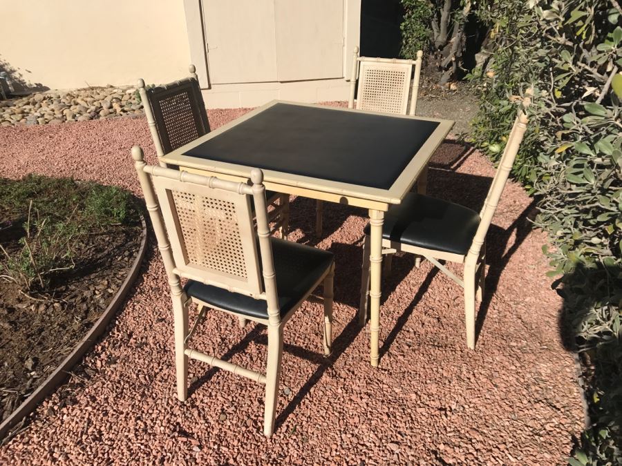 JUST ADDED - Vintage Hollywood Regency Stackmore Wood And Cane Card Table With Folding Chairs Bamboo Motif [Photo 8]
