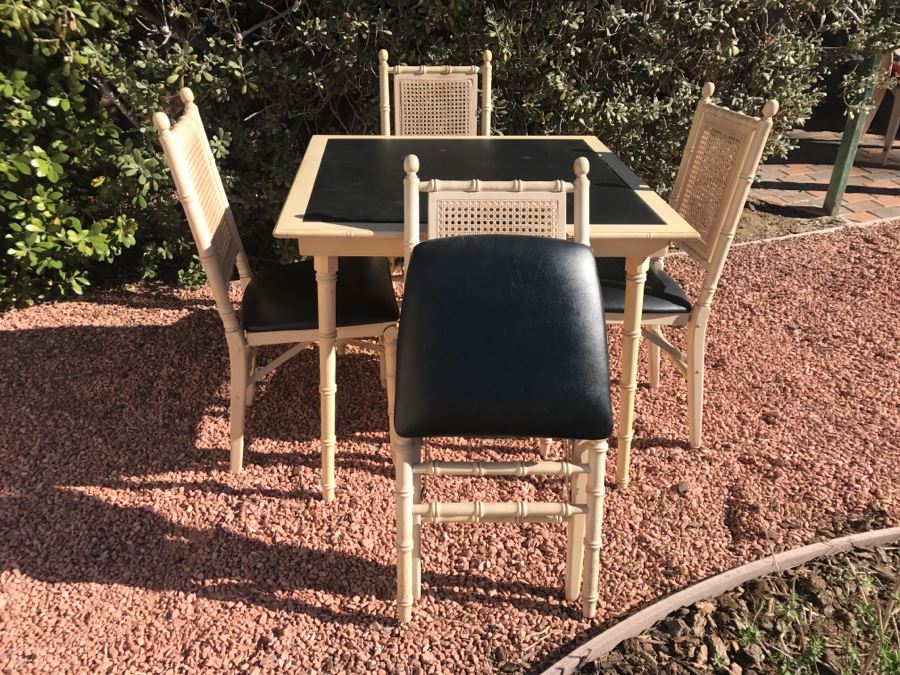 JUST ADDED - Vintage Hollywood Regency Stackmore Wood And Cane Card Table With Folding Chairs Bamboo Motif [Photo 18]