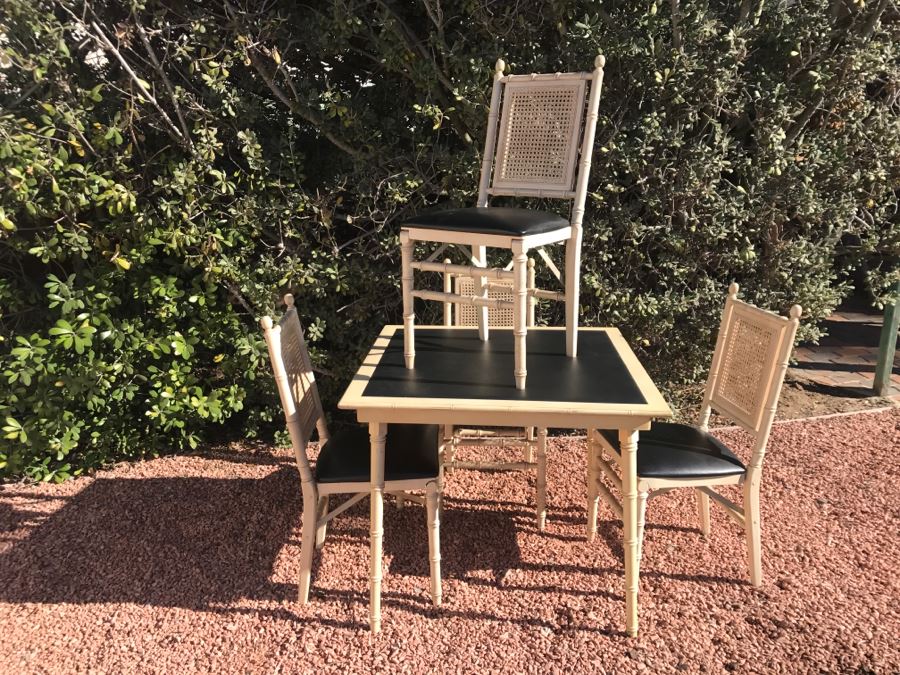 JUST ADDED - Vintage Hollywood Regency Stackmore Wood And Cane Card Table With Folding Chairs Bamboo Motif [Photo 13]