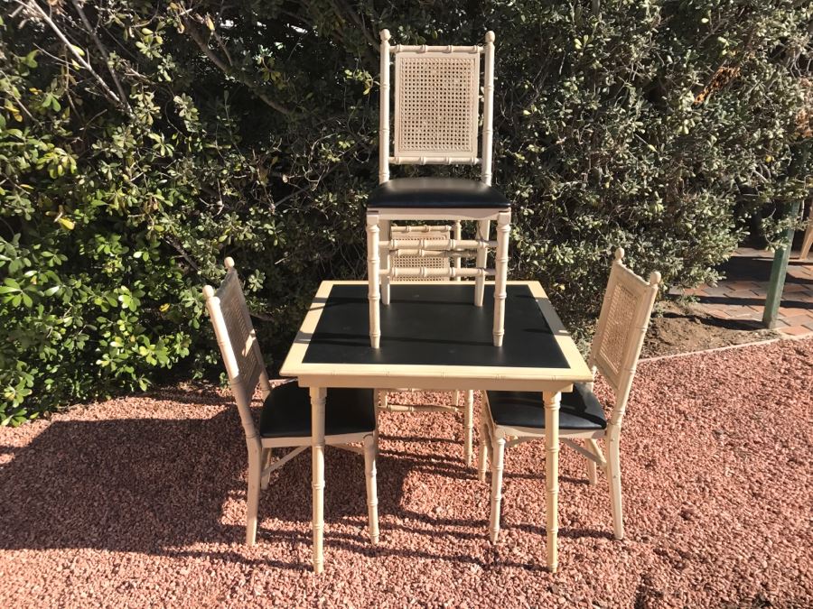 JUST ADDED - Vintage Hollywood Regency Stackmore Wood And Cane Card Table With Folding Chairs Bamboo Motif [Photo 14]