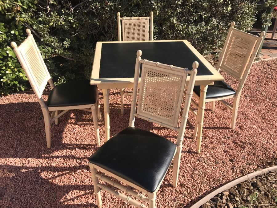 JUST ADDED - Vintage Hollywood Regency Stackmore Wood And Cane Card Table With Folding Chairs Bamboo Motif [Photo 11]