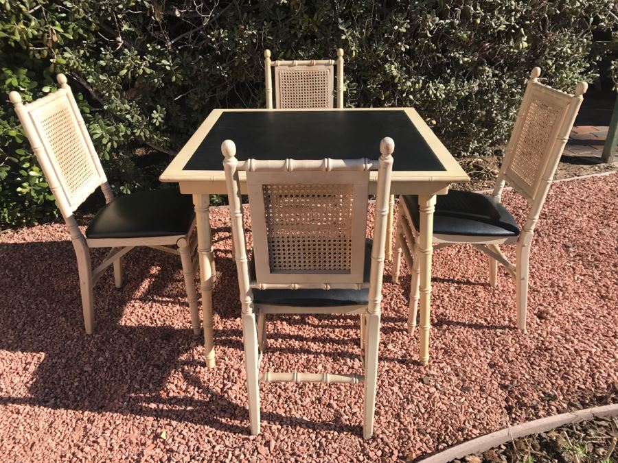 JUST ADDED - Vintage Hollywood Regency Stackmore Wood And Cane Card Table With Folding Chairs Bamboo Motif [Photo 5]