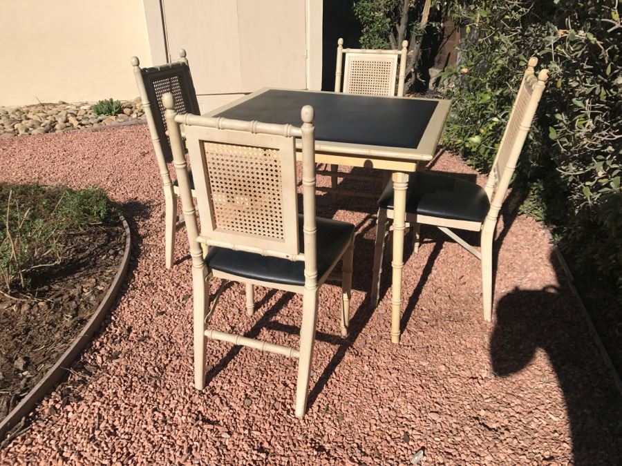 JUST ADDED - Vintage Hollywood Regency Stackmore Wood And Cane Card Table With Folding Chairs Bamboo Motif [Photo 7]