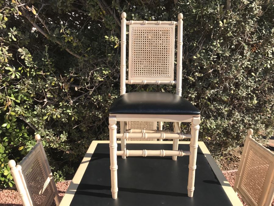 JUST ADDED - Vintage Hollywood Regency Stackmore Wood And Cane Card Table With Folding Chairs Bamboo Motif [Photo 15]