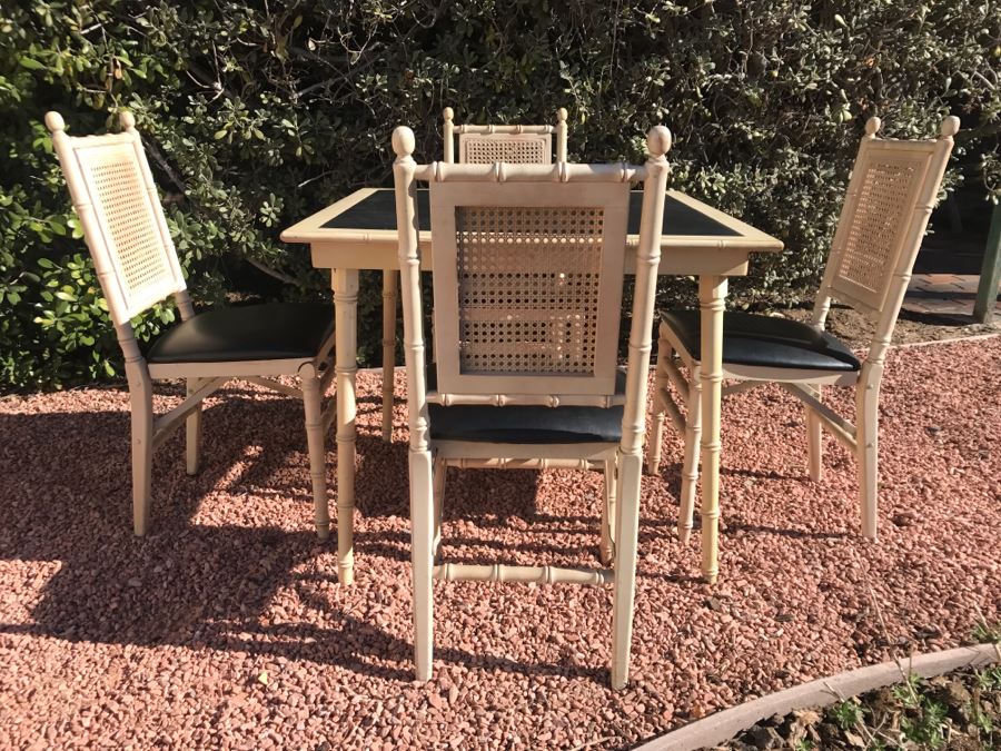 JUST ADDED - Vintage Hollywood Regency Stackmore Wood And Cane Card Table With Folding Chairs Bamboo Motif [Photo 4]