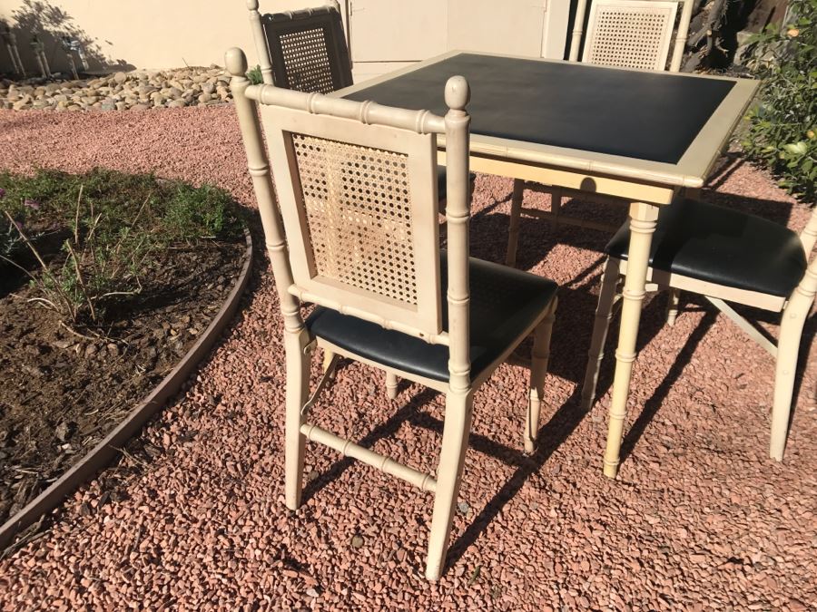 JUST ADDED Vintage Hollywood Regency Stackmore Wood And Cane Card Table With Folding Chairs