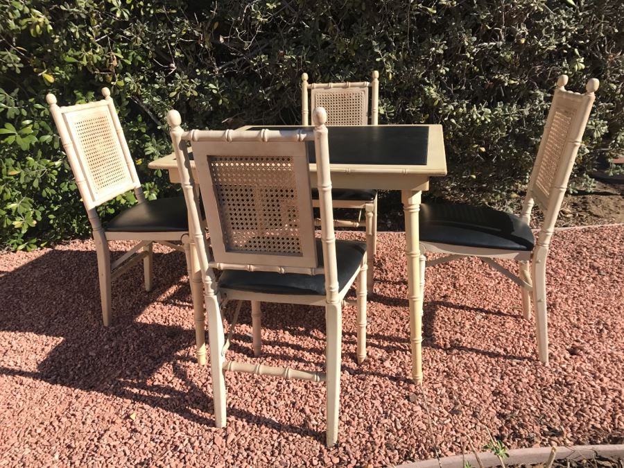 JUST ADDED Vintage Hollywood Regency Stackmore Wood And Cane Card Table With Folding Chairs