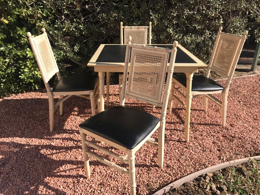 JUST ADDED - Vintage Hollywood Regency Stackmore Wood And Cane Card Table With Folding Chairs Bamboo Motif [Photo 10]