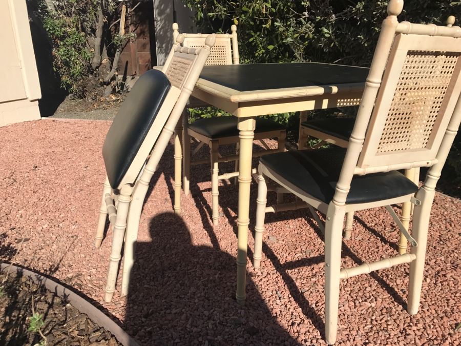 JUST ADDED - Vintage Hollywood Regency Stackmore Wood And Cane Card Table With Folding Chairs Bamboo Motif [Photo 19]
