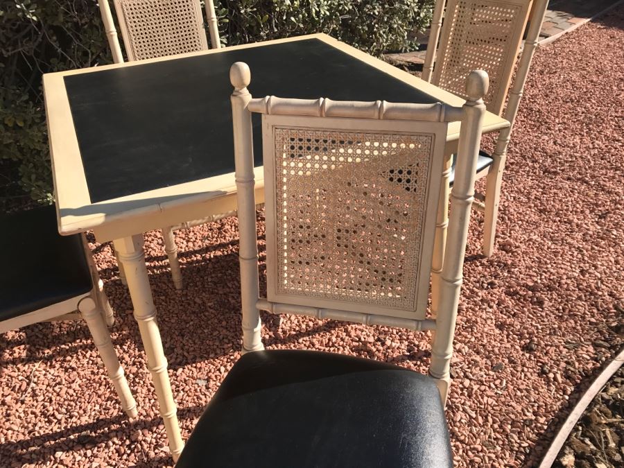 JUST ADDED - Vintage Hollywood Regency Stackmore Wood And Cane Card Table With Folding Chairs Bamboo Motif [Photo 12]