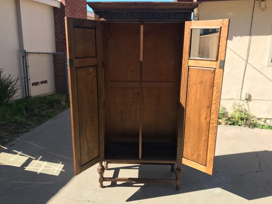 JUST ADDED - Antique Mission Style Oak Armoire With Clean Wooden Carvings And (6) Beveled Glass Side Mirrors And Bar For Hanging Clothes- See Photos [Photo 3]
