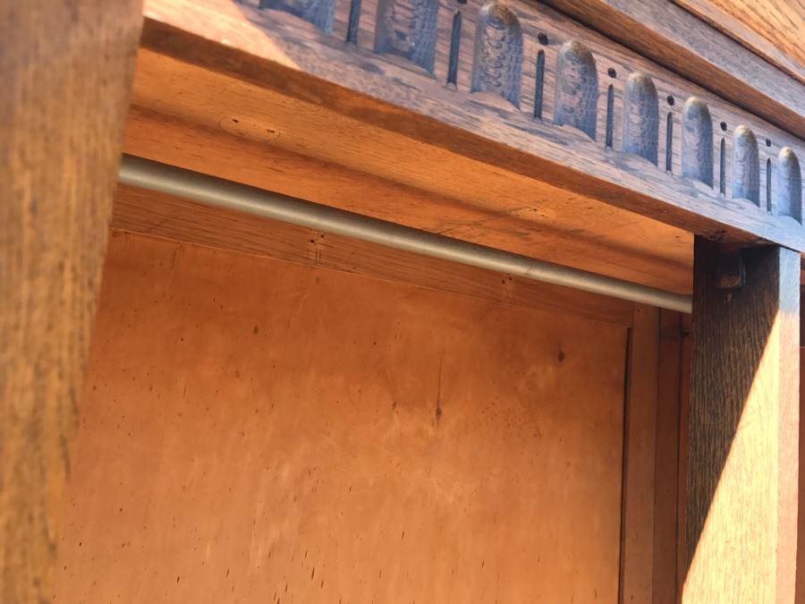 JUST ADDED - Antique Mission Style Oak Armoire With Clean Wooden Carvings And (6) Beveled Glass Side Mirrors And Bar For Hanging Clothes- See Photos [Photo 27]