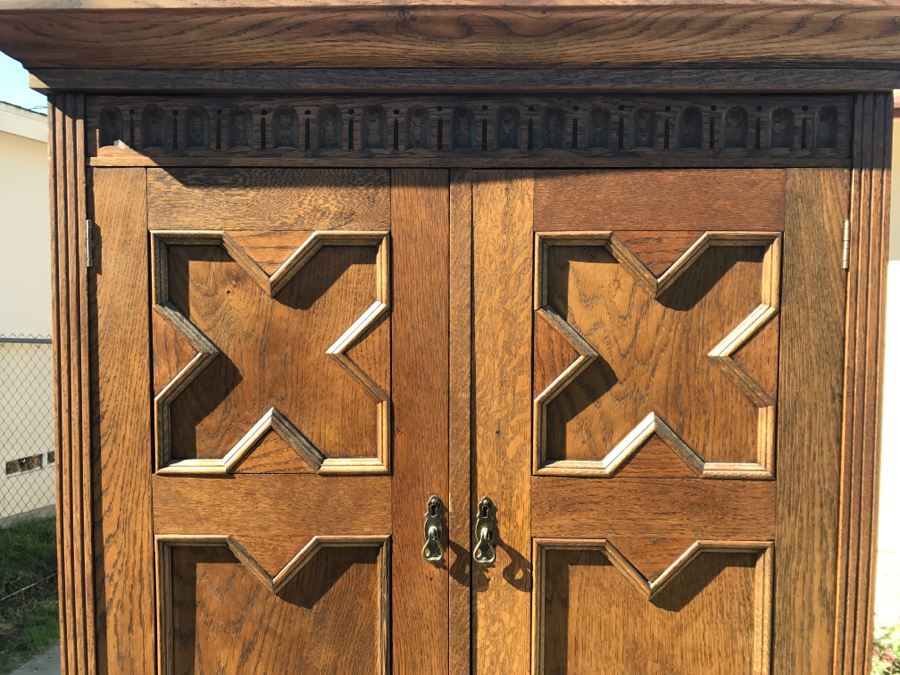 JUST ADDED - Antique Mission Style Oak Armoire With Clean Wooden Carvings And (6) Beveled Glass Side Mirrors And Bar For Hanging Clothes- See Photos [Photo 9]