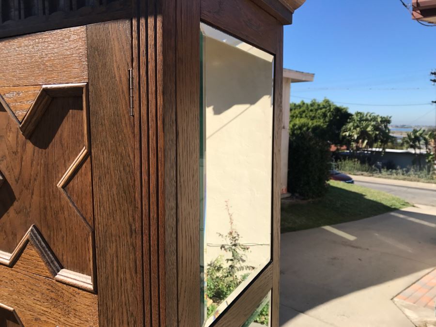 JUST ADDED - Antique Mission Style Oak Armoire With Clean Wooden Carvings And (6) Beveled Glass Side Mirrors And Bar For Hanging Clothes- See Photos [Photo 12]