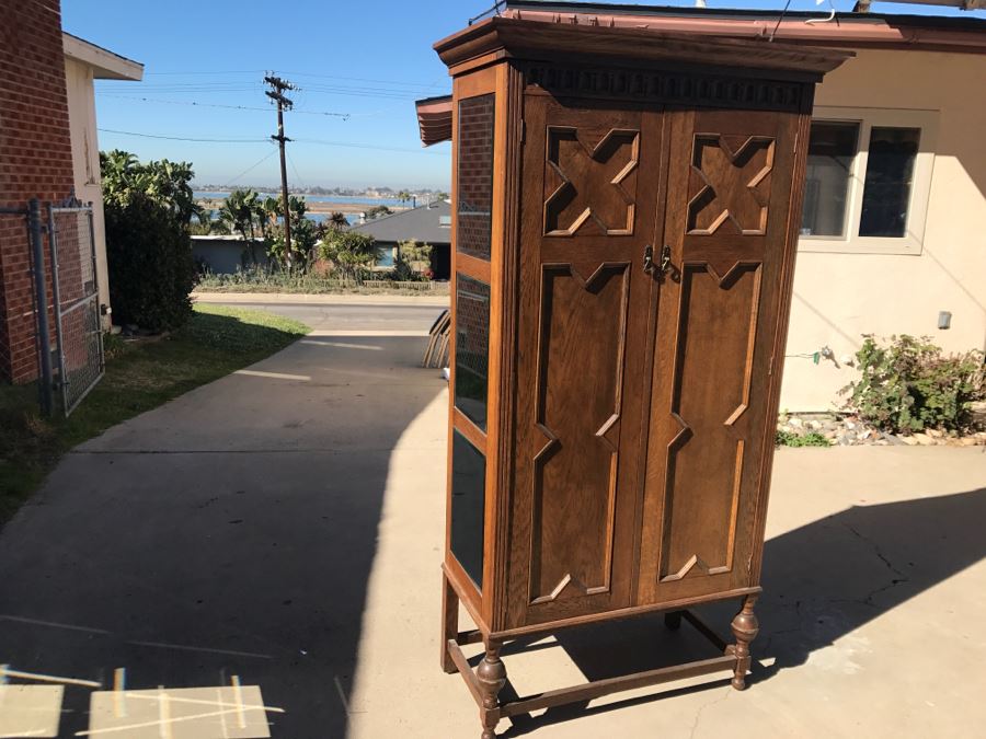 JUST ADDED - Antique Mission Style Oak Armoire With Clean Wooden Carvings And (6) Beveled Glass Side Mirrors And Bar For Hanging Clothes- See Photos [Photo 17]