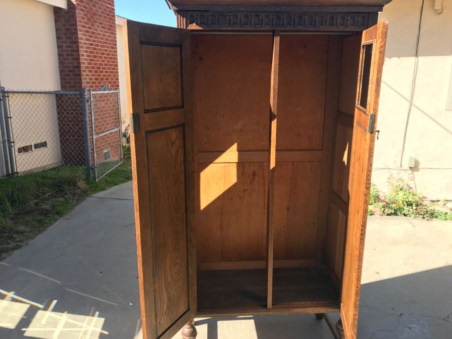 JUST ADDED - Antique Mission Style Oak Armoire With Clean Wooden Carvings And (6) Beveled Glass Side Mirrors And Bar For Hanging Clothes- See Photos [Photo 24]
