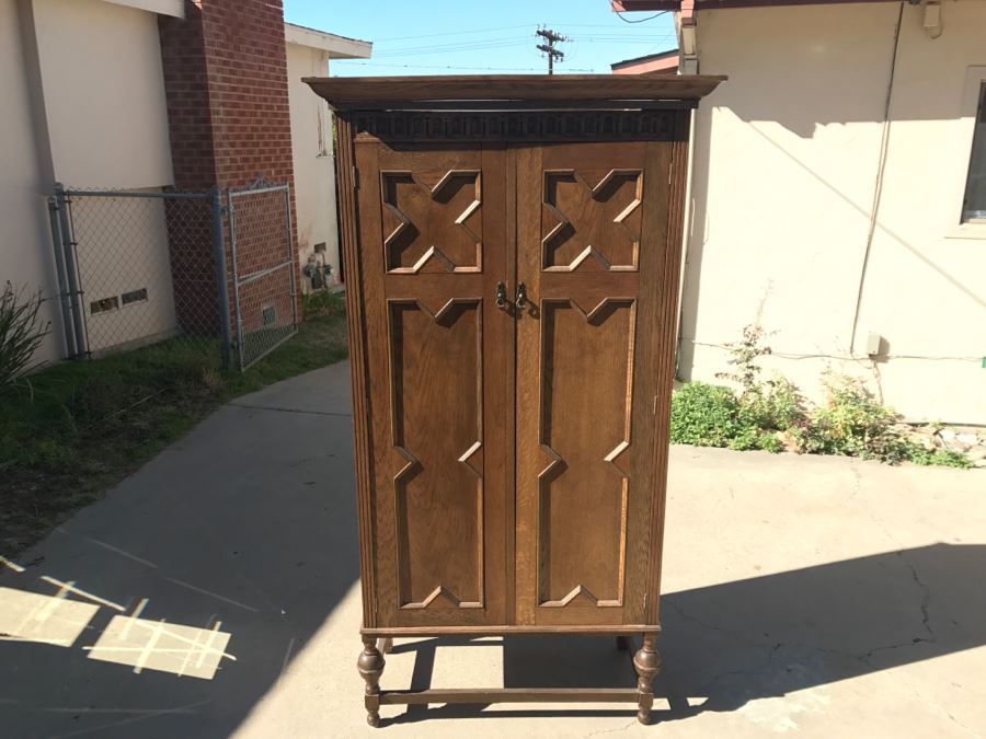 JUST ADDED - Antique Mission Style Oak Armoire With Clean Wooden Carvings And (6) Beveled Glass Side Mirrors And Bar For Hanging Clothes- See Photos [Photo 5]