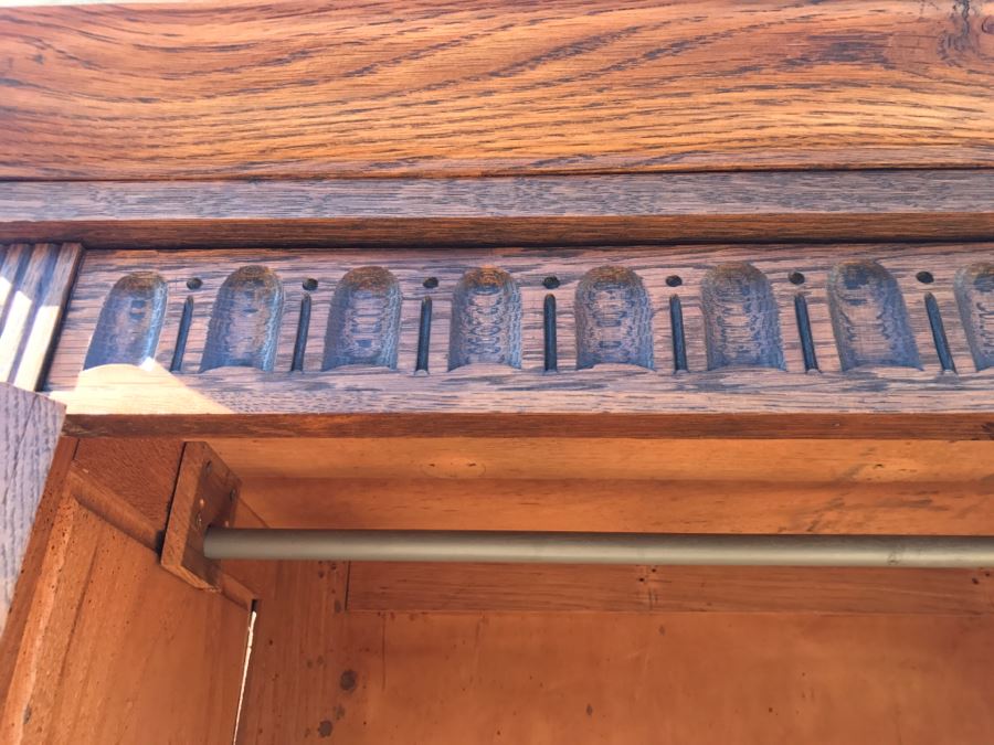 JUST ADDED - Antique Mission Style Oak Armoire With Clean Wooden Carvings And (6) Beveled Glass Side Mirrors And Bar For Hanging Clothes- See Photos [Photo 26]