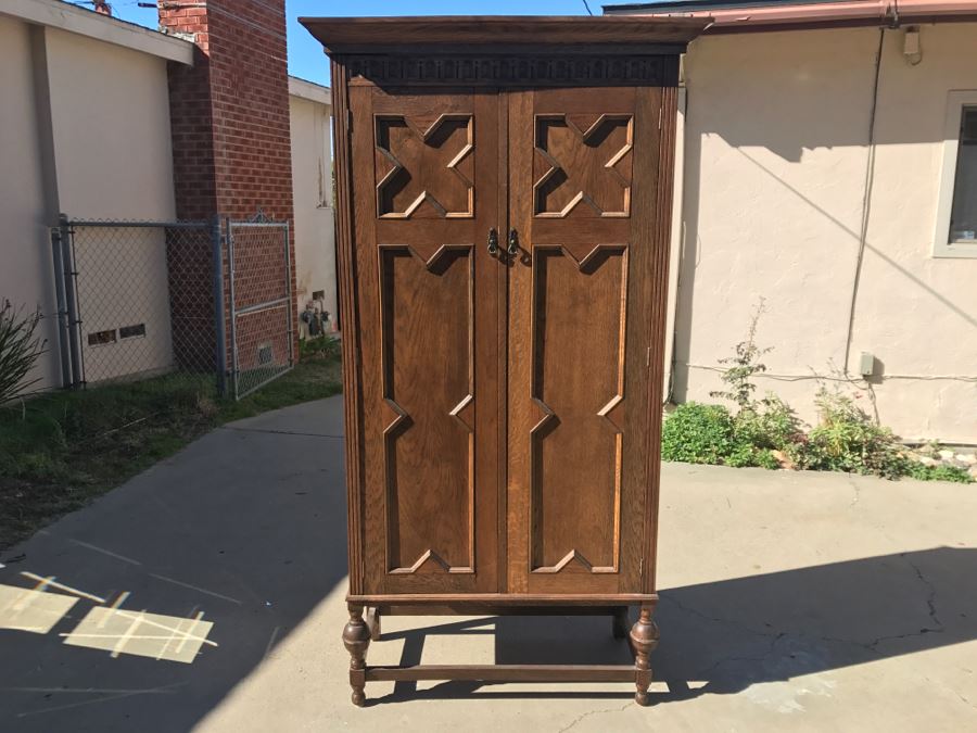 JUST ADDED - Antique Mission Style Oak Armoire With Clean Wooden Carvings And (6) Beveled Glass Side Mirrors And Bar For Hanging Clothes- See Photos [Photo 7]