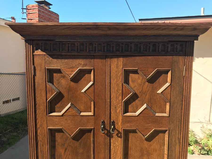 JUST ADDED - Antique Mission Style Oak Armoire With Clean Wooden Carvings And (6) Beveled Glass Side Mirrors And Bar For Hanging Clothes- See Photos [Photo 8]