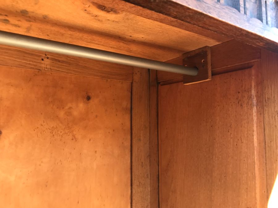 JUST ADDED - Antique Mission Style Oak Armoire With Clean Wooden Carvings And (6) Beveled Glass Side Mirrors And Bar For Hanging Clothes- See Photos [Photo 28]